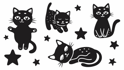 Illustration featuring four black cats in various poses surrounded by several black stars scattered around