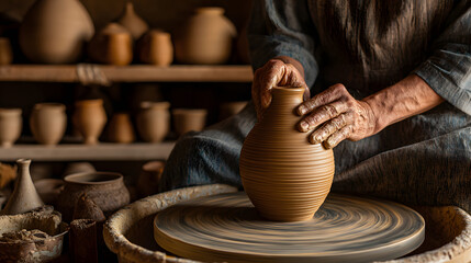 Artist shaping a clay pot on a pottery wheel