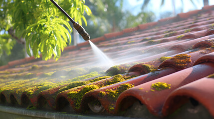 Cleaning moss off roof tiles with a pressure washer
