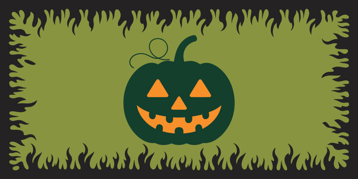A halloween themed image featuring a green pumpkin with an orange face on a green background frame