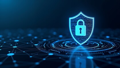 Glowing blue digital shield with padlock and network connections cybersecurity digital security
