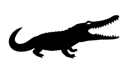 Silhouette of a crocodile with its mouth open showing its teeth and a curved tail on a white background