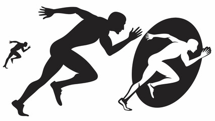 Three runners in silhouette with one inside an oval shape in black and white illustration
