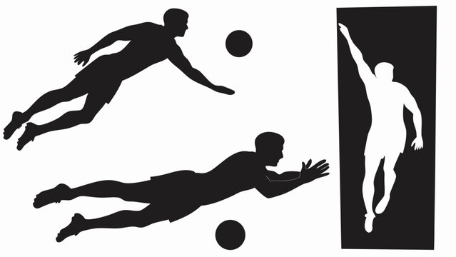 Silhouette of volleyball players diving and reaching for balls with contrasting background figure