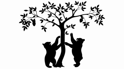 Two bears reaching for fruit on a tree with dense foliage in a monochrome silhouette style image art