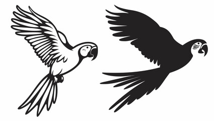 Two parrots in flight one outlined and one solid black with wings spread on a white background