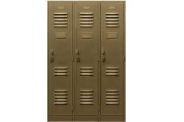 Three Metal School Lockers with Combination Locks on Transparent Background