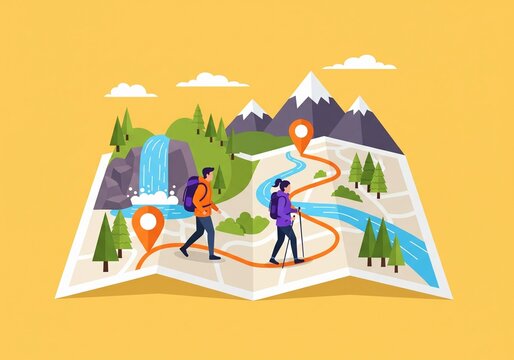 People hiking a scenic route on a map