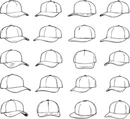 A seamless pattern of black and white line art illustrations depicting different styles of baseball caps.