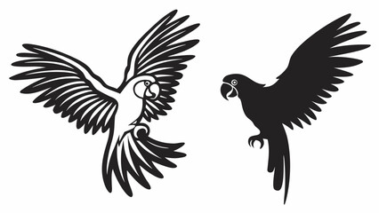 Two parrots in flight depicted as black and white vector silhouettes with detailed wing feathers