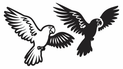 Two parrots flying with wings spread one in outline and one in solid black silhouette design style