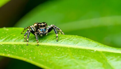 Fototapeta premium Close-up of a jumping spider on a green leaf.