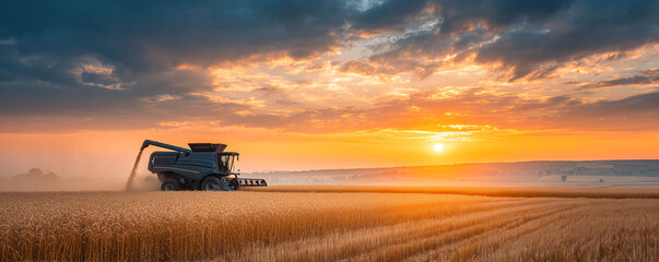 Fototapeta premium A combine harvester collecting crops in an agricultural field at sunset.