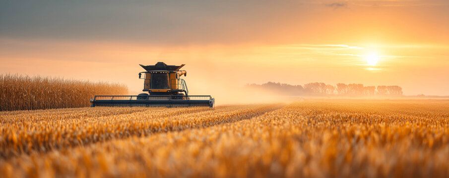A combine harvester collecting crops in an agricultural field at sunset.