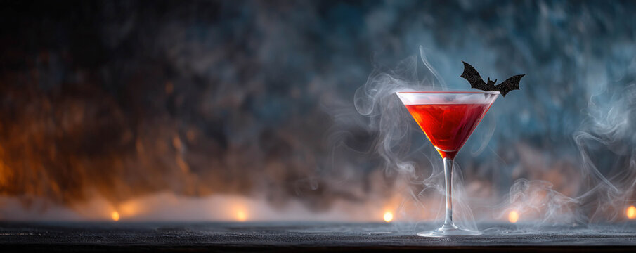 A dark bar table with a cocktail glass filled with red colored drink, garnished by dry ice smoke curling upward and a tiny edible bat on the rim. Halloween party concept. - Powered by Adobe