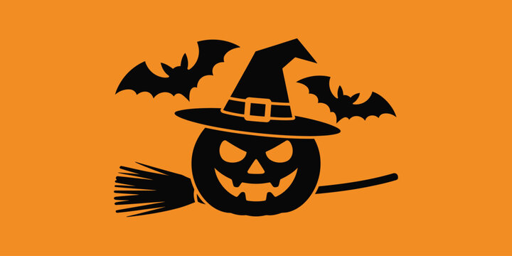 A halloween graphic featuring a pumpkin with a witch hat bats and a broom on an orange background