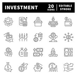 Investment icons set. Investment vector icons in line style. Investing related icons set