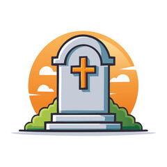 Fototapeta premium Cartoon gravestone with a cross and shrubs against an orange sunset circle illustration