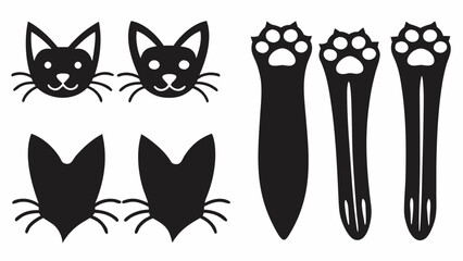 Silhouette of cat faces and paw print bookmarks in black and white vector illustration design art