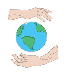 Continuous one line outline drawing of globe in hand as symbol of environmental care. Color vector illustration