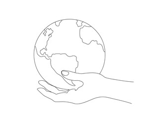 Continuous one line outline drawing of globe in hand as symbol of environmental care. Vector illustration.