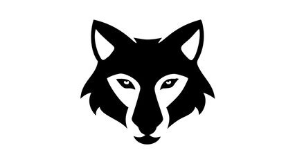 Black silhouette of a wolf head with pointed ears and piercing eyes on a white background design element