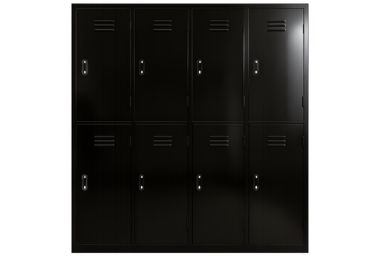 Row of black metal school lockers with transparent background