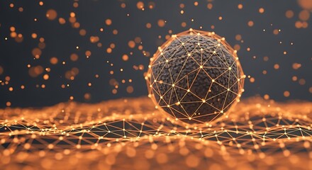 Abstract sphere with glowing network connections and bokeh lights on a dark background