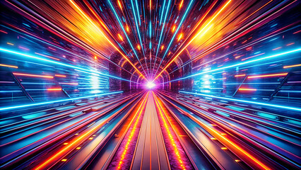 Vibrant abstract digital tunnel with glowing neon light streaks and futuristic geometric patterns creating a sense of speed and motion