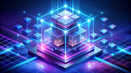 Futuristic digital data processing center with glowing neon lights and interconnected cubes representing advanced technology and network infrastructure