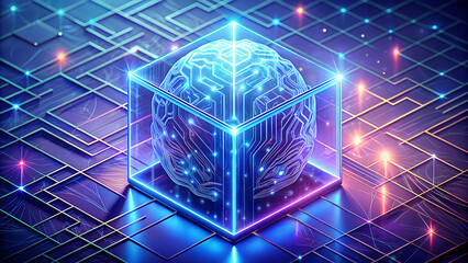 Abstract digital representation of a glowing blue human brain encased in a transparent cube surrounded by futuristic circuit board patterns and glowing lights