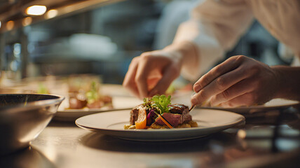 Chef placing garnish on a plate, close-up of hands finishing a fine-dining dish, precise plating and culinary detail.