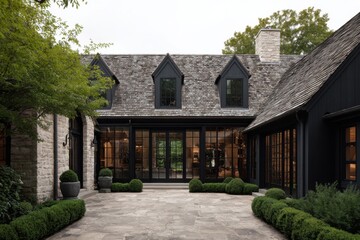 Elegant black and stone house with large windows and manicured garden creates a serene atmosphere in a lovely neighborhood on a cloudy day
