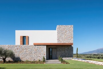 Modern stone house surrounded by greenery in a serene countryside setting under a clear blue sky, capturing the essence of contemporary architecture and nature