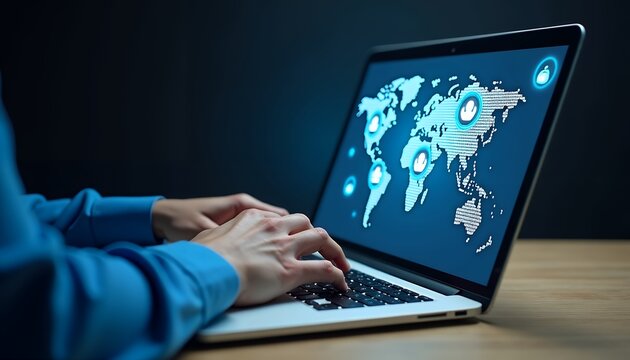Person typing on laptop displaying global network connections hands world map