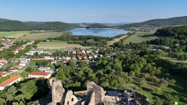 Aerial drone view of Div&iacute;n Castle ruins, Slovakia