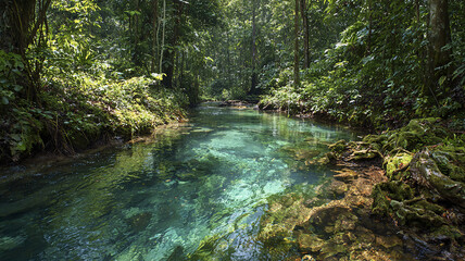 Obraz premium Narrow tropical creek with clear turquoise water deep in the jungle; moss-covered rocks and shaded banks form a secluded pool.