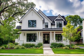 Modern two-story house with white siding and large windows surrounded by green landscaping on a sunny day in a suburban neighborhood