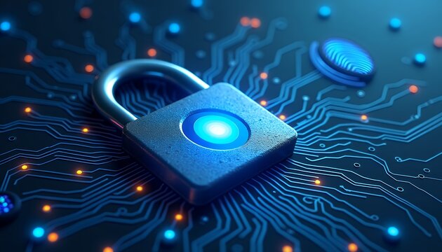 Secure digital lock with glowing blue fingerprint scanner on circuit board security technology