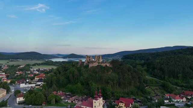 Aerial drone view of Div&iacute;n Castle ruins, Slovakia