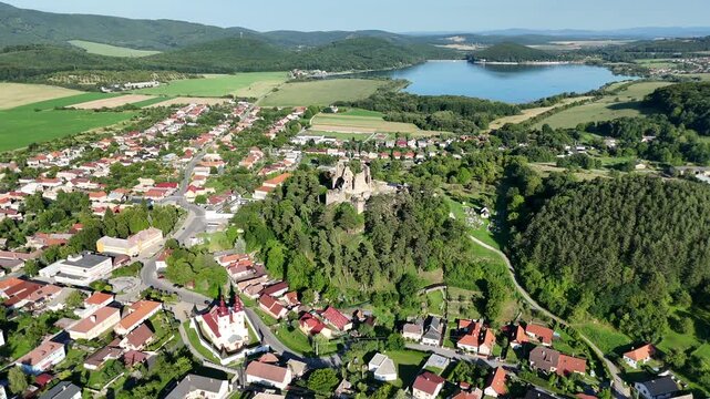 Aerial drone view of Div&iacute;n Castle ruins, Slovakia