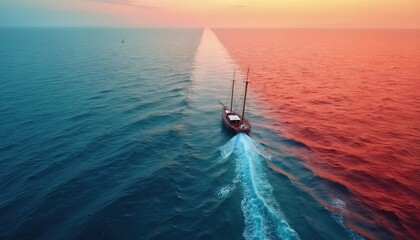 Sailboat navigates from crowded red ocean into vast blue sea representing new opportunities. Aerial drone footage captures journey into uncharted waters. Tropical seascape with ship sailing towards