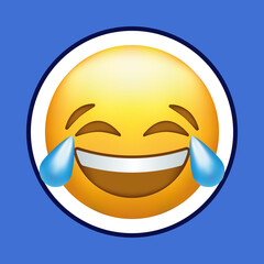 Happy laughing emoji with tears of joy on blue background