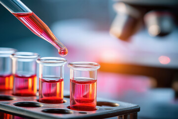 Laboratory technician conducts experiment with colored liquid in test tubes