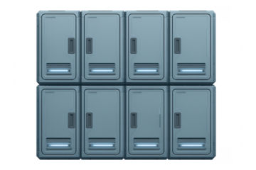 Futuristic metal lockers emitting blue light on transparent background