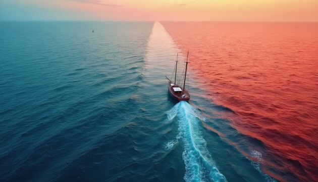 Sailboat navigates from crowded red ocean into vast blue sea representing new opportunities. Aerial drone footage captures journey into uncharted waters. Tropical seascape with ship sailing towards
