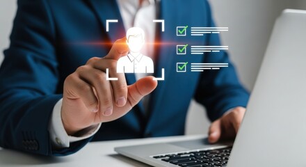 Businessman using laptop to select candidate with check marks, representing recruitment, human resources, and job search in a modern business setting