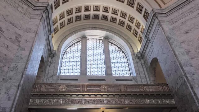 Olympia WA USA, July 19, 2025 - Stained glass windows inside the Capitol building in Olympia, Washington, USA