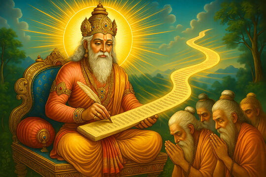 Brahma's Divine Revelation The Creator Writes the Vedas on a Lotus Seat