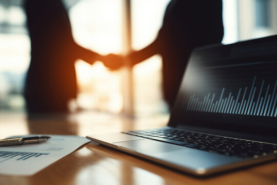 Business professionals sealing a deal with a handshake in an office setting - Powered by Adobe